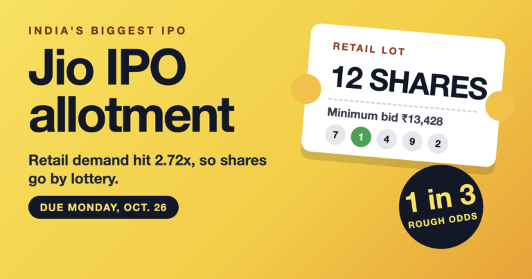 Jio IPO allotment ticket for a 12-share retail lot with rough 1 in 3 odds