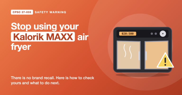Kalorik MAXX air fryer oven with French doors and a warning triangle on an orange background