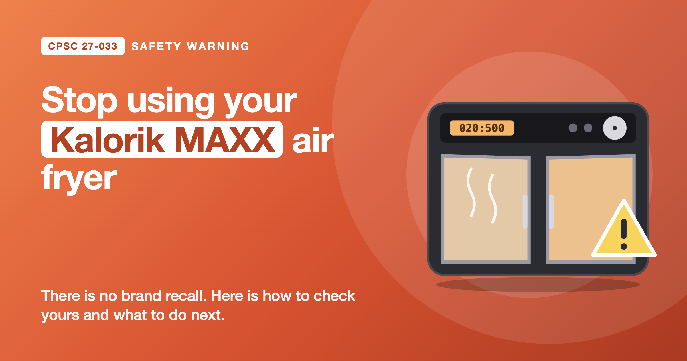 Kalorik MAXX air fryer oven with French doors and a warning triangle on an orange background