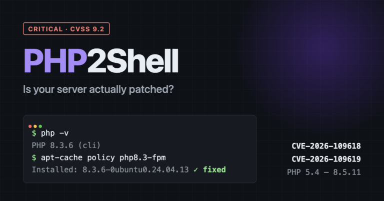 Terminal showing php -v and apt-cache policy output used to check a PHP2Shell patch