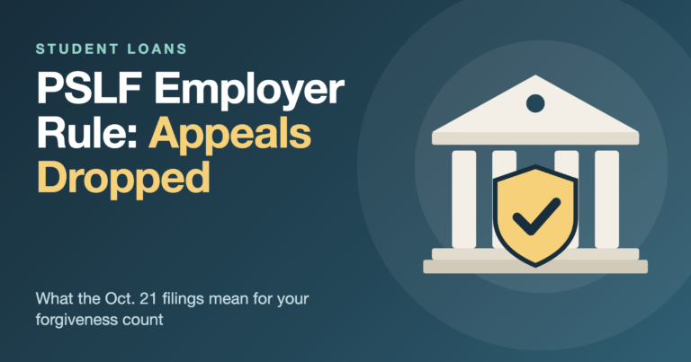 Courthouse-style building with a shield and check mark next to the title PSLF Employer Rule: Appeals Dropped