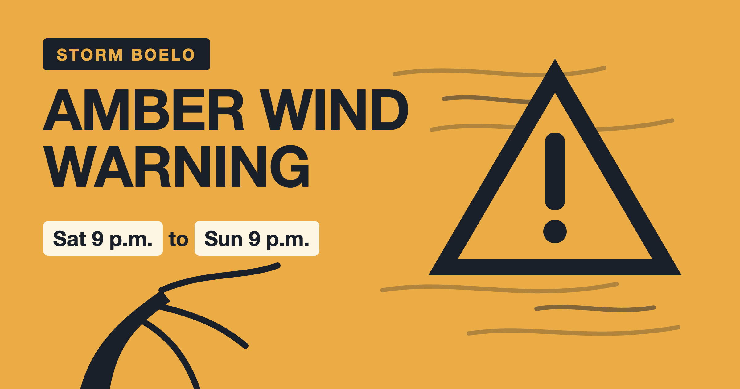 Storm Boelo amber warning cover: a dark warning triangle beside a tree bent by the wind