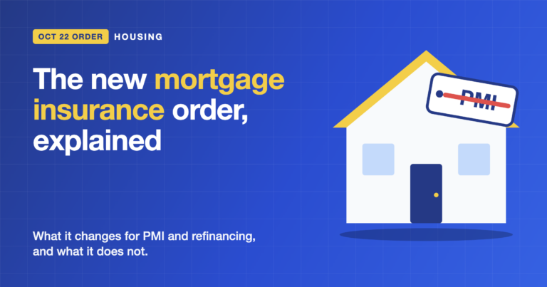 House with a crossed-out PMI tag on a blue background